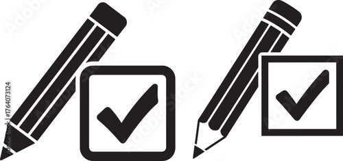 Two checkmarks with pen and pencil silhouette