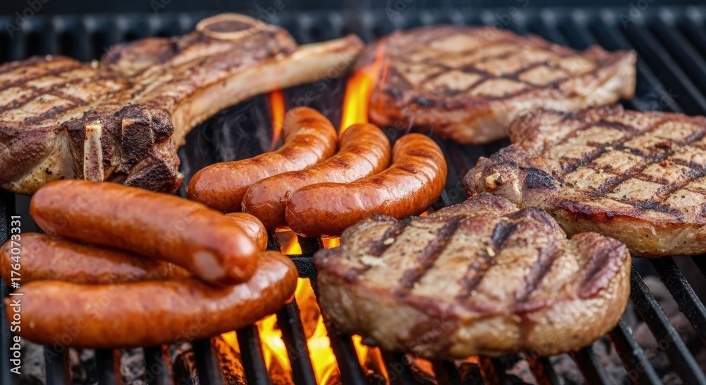 Fototapeta premium Closeup of various grilled steaks and sausages on a barbecue grill