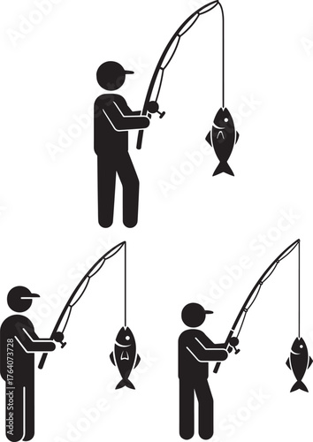 Three fishermen holding up their catch silhouette