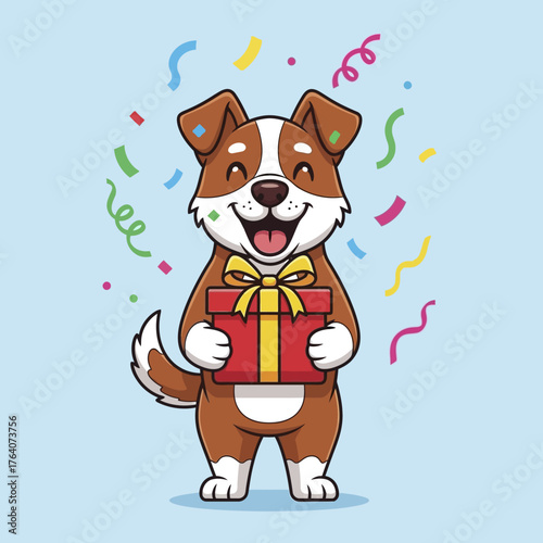 Happy Dog Holding a Gift Box with Confetti Falling Around.