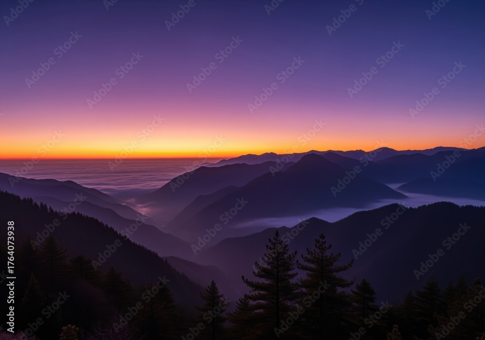 Naklejka premium Epic twilight over a vast mountain range with valleys filled with mist and vibrant sky