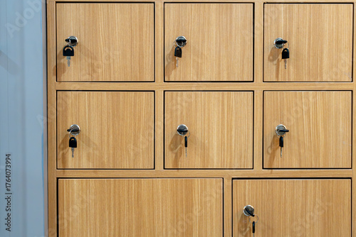 Wooden locker with hanging keys for deposit box in public facilities and services, personal storage