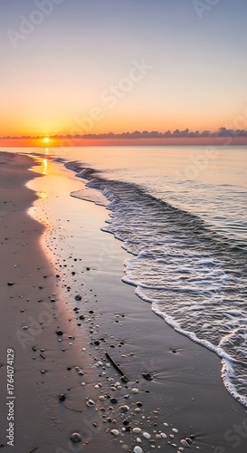 Serene Beach at Sunrise - A Coastal Landscape of Tranquility.