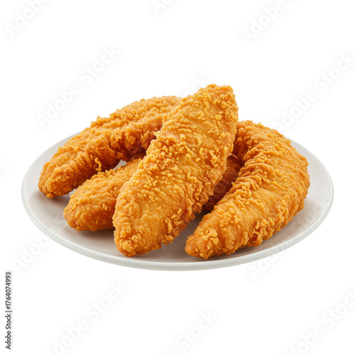 Crispy Fried Chicken Strips on a White Plate Ready for a Delicious Meal or Snack Time Enjoyment