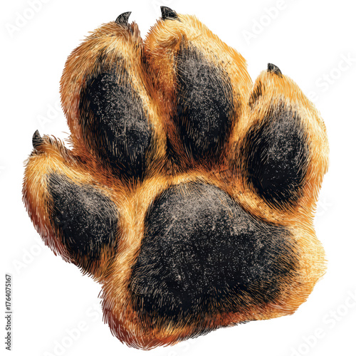 Detailed furry brown and black dog paw with pads and claws.