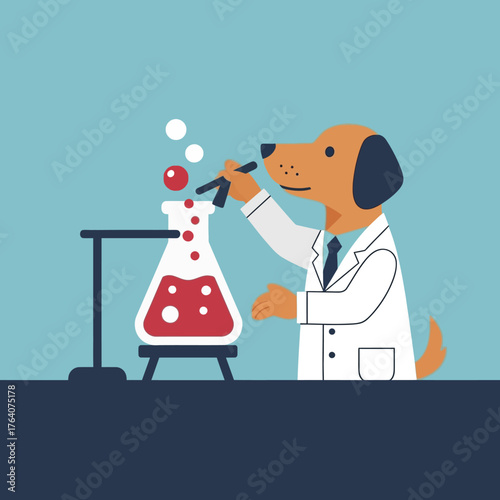 Dog scientist in lab coat conducting experiment with flask.