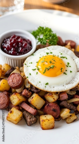 Delicious Breakfast Plate with Fried Egg, Potatoes, and Sausage.