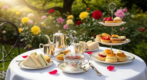 Elegant Afternoon Tea in a Rose Garden - A Delightful Outdoor Setting.