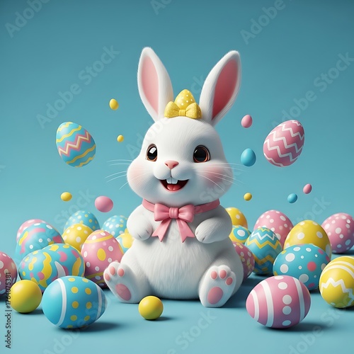 Easter Bunny Surrounded by Colorful Eggs on Blue Background.