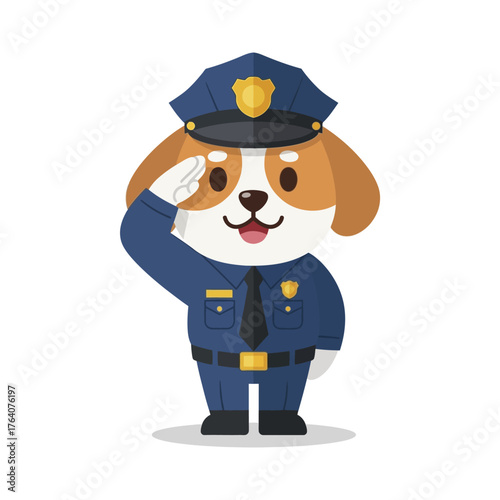 Cute cartoon beagle dog character in a police officer uniform saluting.