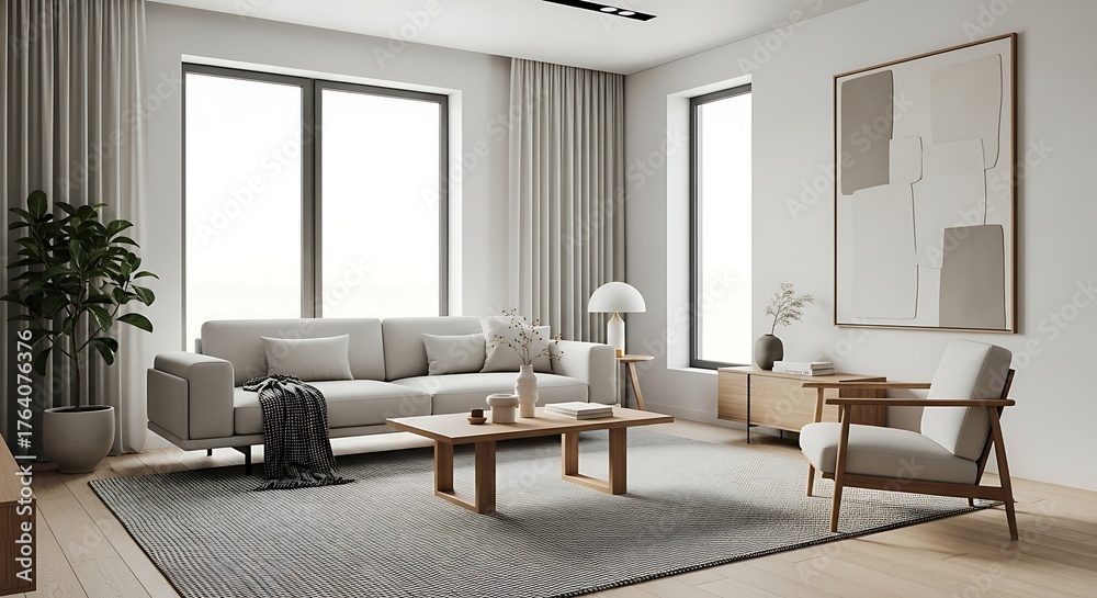 Fototapeta premium Bright and spacious modern living room with minimalist Japandi style furniture and a serene neutral color palette