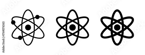 Three atomic symbols displaying nucleus electrons and orbits representing science chemistry physics and matter