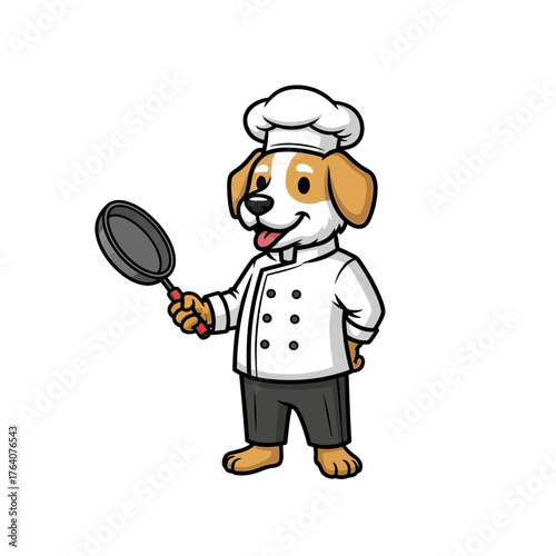 Cute cartoon dog chef holding a frying pan in a professional uniform.