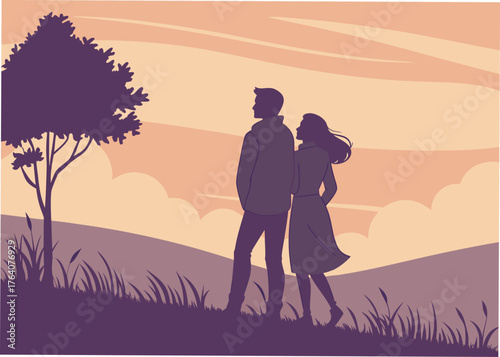 couple standing together at sunset, silhouette on hilltop, romantic outdoor moment for lovers
