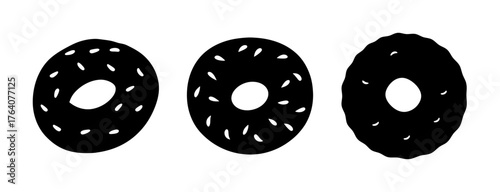 Three simple black bagel icons isolated on white for food concepts and designs