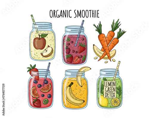 Hand-drawn jars showcasing smoothies. Flavors include apple, berry, banana, carrot, and lemon green detox. Organic fruit shake blend. Healthy eco ingredients.