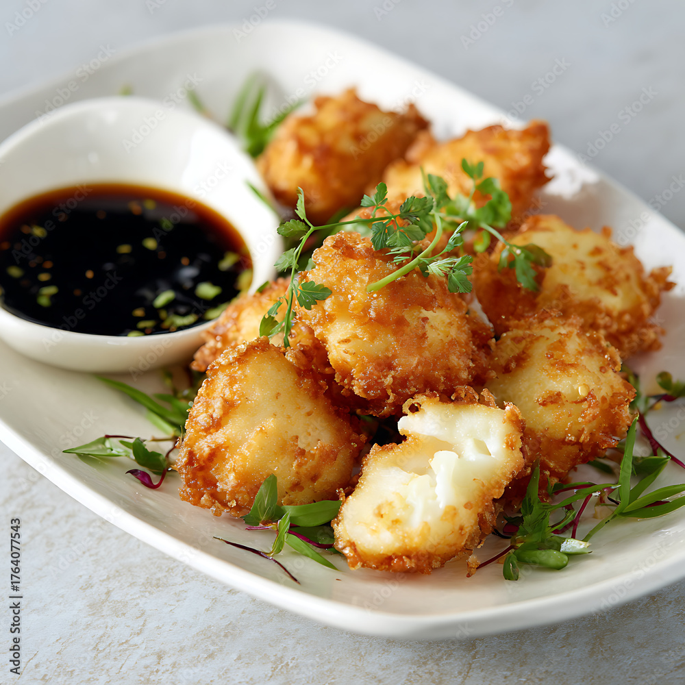 Fototapeta premium Delicious Golden Fried Snacks With Dipping Sauce Served on a White Plate