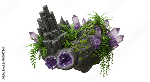 Amethyst Crystal Cluster with Greenery on White Background.