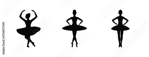 Elegant black silhouettes of ballerinas in classic poses performing ballet dance
