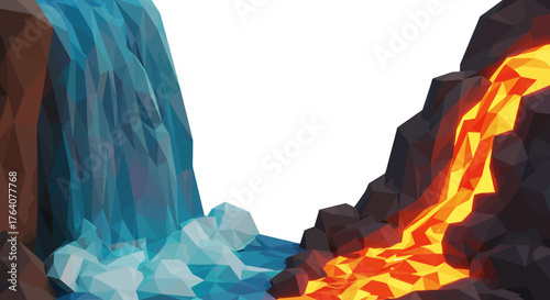 Water and Lava Low Poly Landscape Illustration.