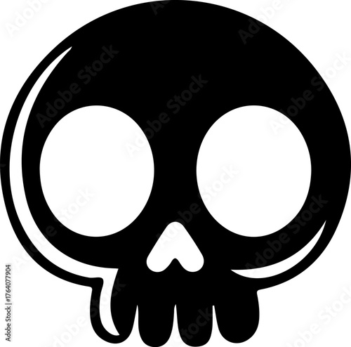 A simple black and white graphic illustration of a cartoon skull with large eyes.