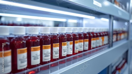 Close-up of numerous blood sample vials neatly arranged on a shelf in a medical laboratory.