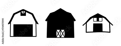 Three barn silhouettes three farm buildings rustic architecture agricultural structure simple design element isolated on white