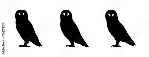 Three striking silhouettes of a barn owl presented in a graphic art style for versatile design applications