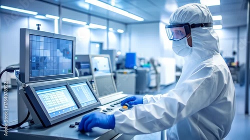 Scientist in Cleanroom Operating Advanced Laboratory Equipment for Pharmaceutical Research and Development.