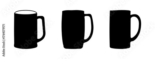 Three different styles of black beer mugs showing variety in shape and handle design for beverages