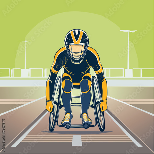 wheelchair racer silhouette at starting line for adaptive sports promotion, racing events, and motivational campaigns