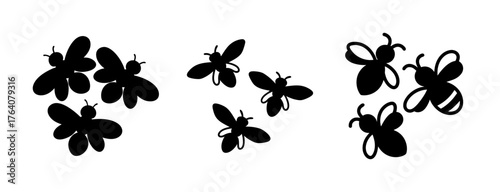 Three clusters of flying bees silhouettes in black and white representing nature and insect life