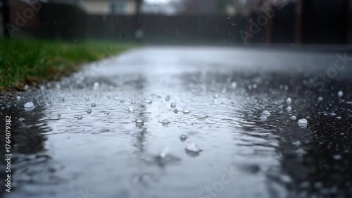 Ground-level tracking shot of small, icy hail bouncing dynamically off a wet, paved surface during a brisk downpour ground-level, wetness, icy