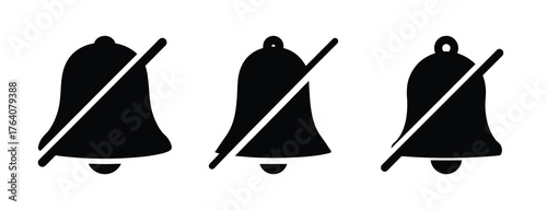 Set of three muted notification bell icons graphic design elements symbolizing silence or do not disturb mode