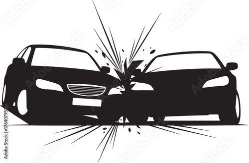 Two cars colliding head on silhouette