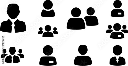 Collection of black silhouette people icons representing single user, team, group and employee badge in flat style