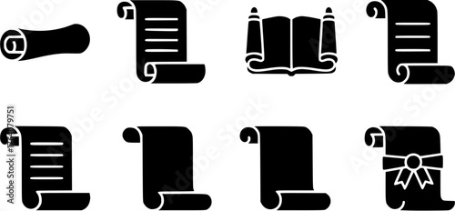 Scroll and ancient document flat glyph icon set of papyrus and open book in various shapes