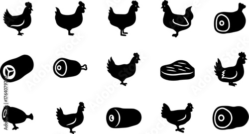 Black silhouette icon set of chicken and meat products, showing farm to table concept.