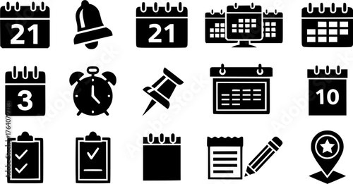 Black glyph icon set of calendar, bell, alarm clock, clipboards, notepad, pin and location mark for organization and time management