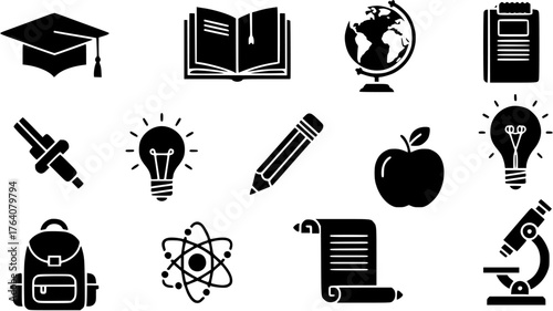 School and education solid black silhouette icon set representing learning equipment and academic tools