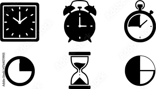 Time related black glyph icons featuring clock, alarm, stopwatch, hourglass, and pie chart timers