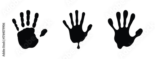 Three black handprints showing five fingers each with textured edges subtle variations