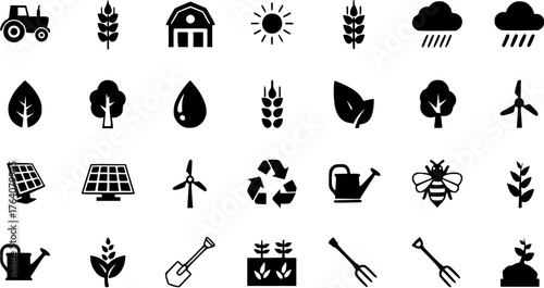 Black and white icon set representing agriculture, farming, and ecology in a simple line style