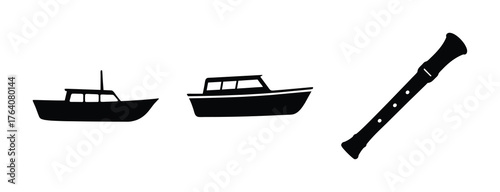 A simple composition of two boats and a bone flute in silhouette graphic elements