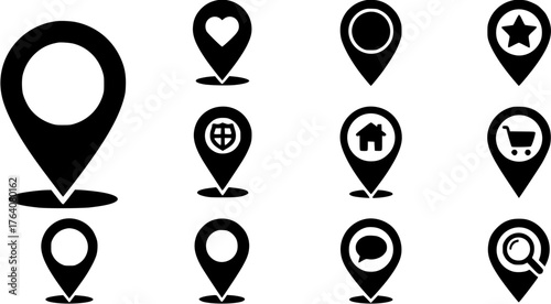 Black line style icon set showing location pointer symbols for favorite places, security, home, shopping and more