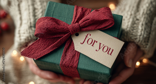 Close up photo of green gift box adorned with red ribbon bow, featuring tag that reads for you. warm atmosphere evokes feelings of joy