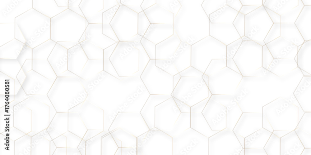 Naklejka premium Abstract white background with gold hexagons seamless pattern and geometric in vector design. Futuristic blue neon honeycombs. Modern technology design .Minimal style website banner, decoration .