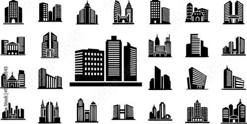 Black and white city buildings silhouette icon collection set in modern style