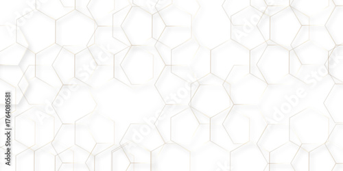 Abstract white background with gold hexagons seamless pattern and geometric in vector design. Futuristic blue neon honeycombs. Modern technology design .Minimal style website banner, decoration .