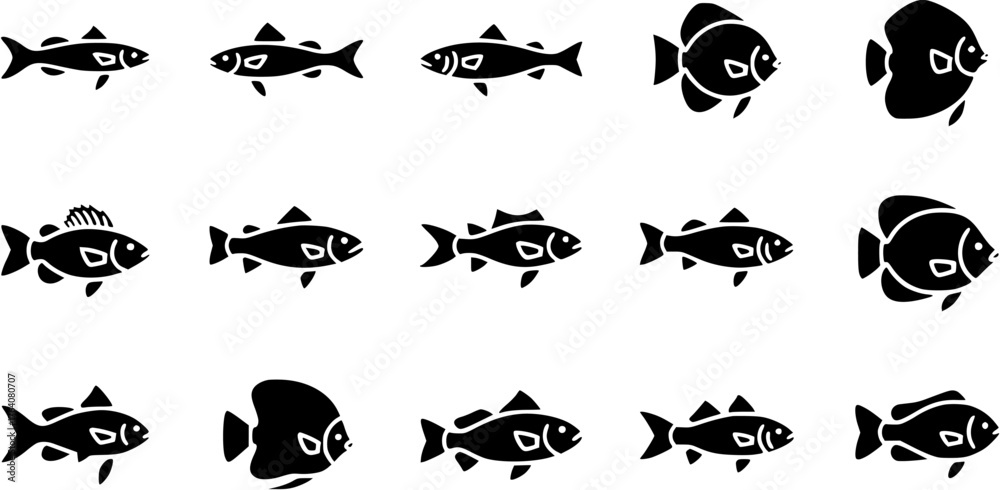 Fototapeta premium Collection of different fish species in black silhouette icon set.